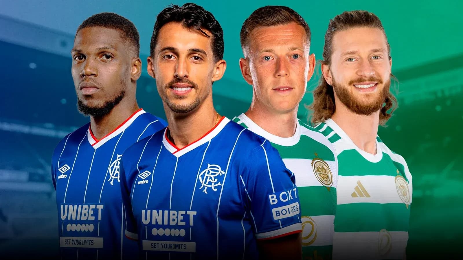 Players from Rangers and Celtic posing together Players from Rangers and Celtic posing together