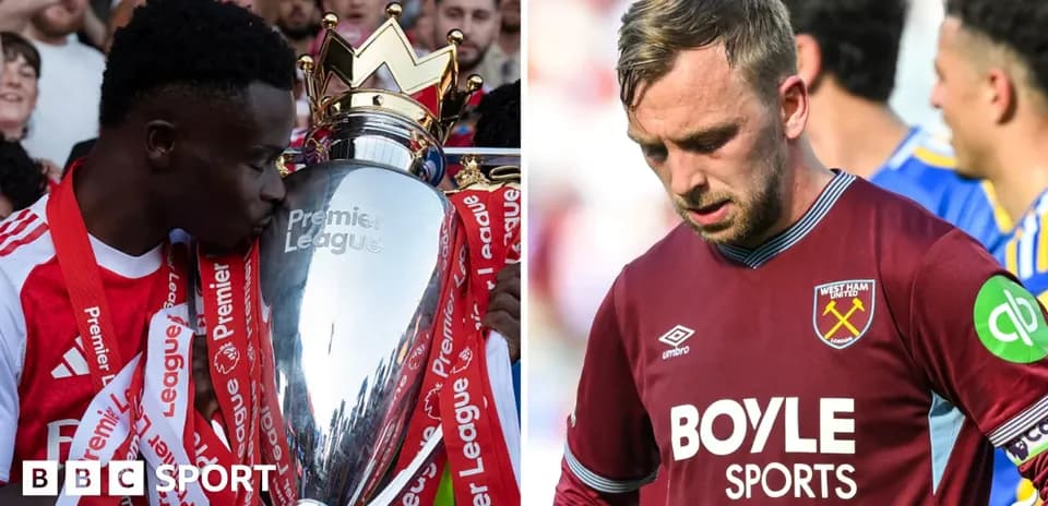Player celebrating with Premier League trophy and another player looking down Player celebrating with Premier League trophy and another player looking down