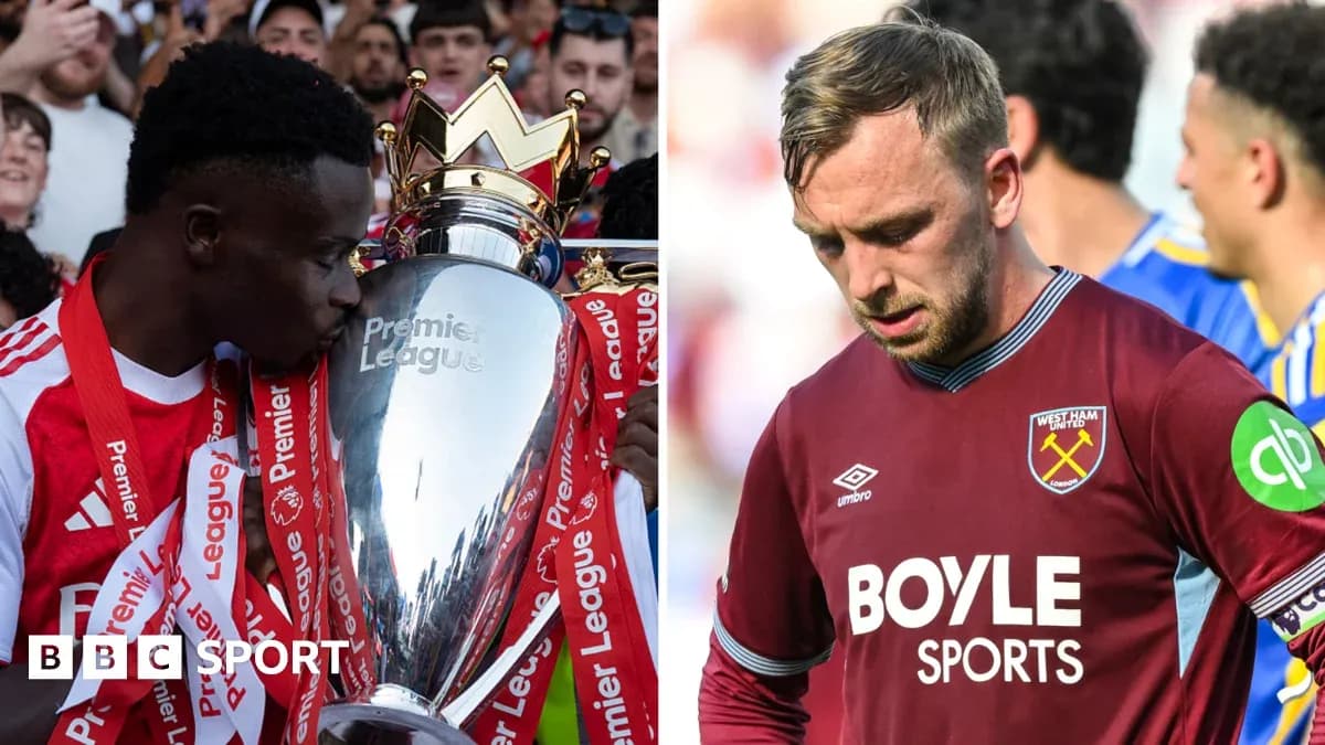 Player celebrating with Premier League trophy and another player looking down Player celebrating with Premier League trophy and another player looking down