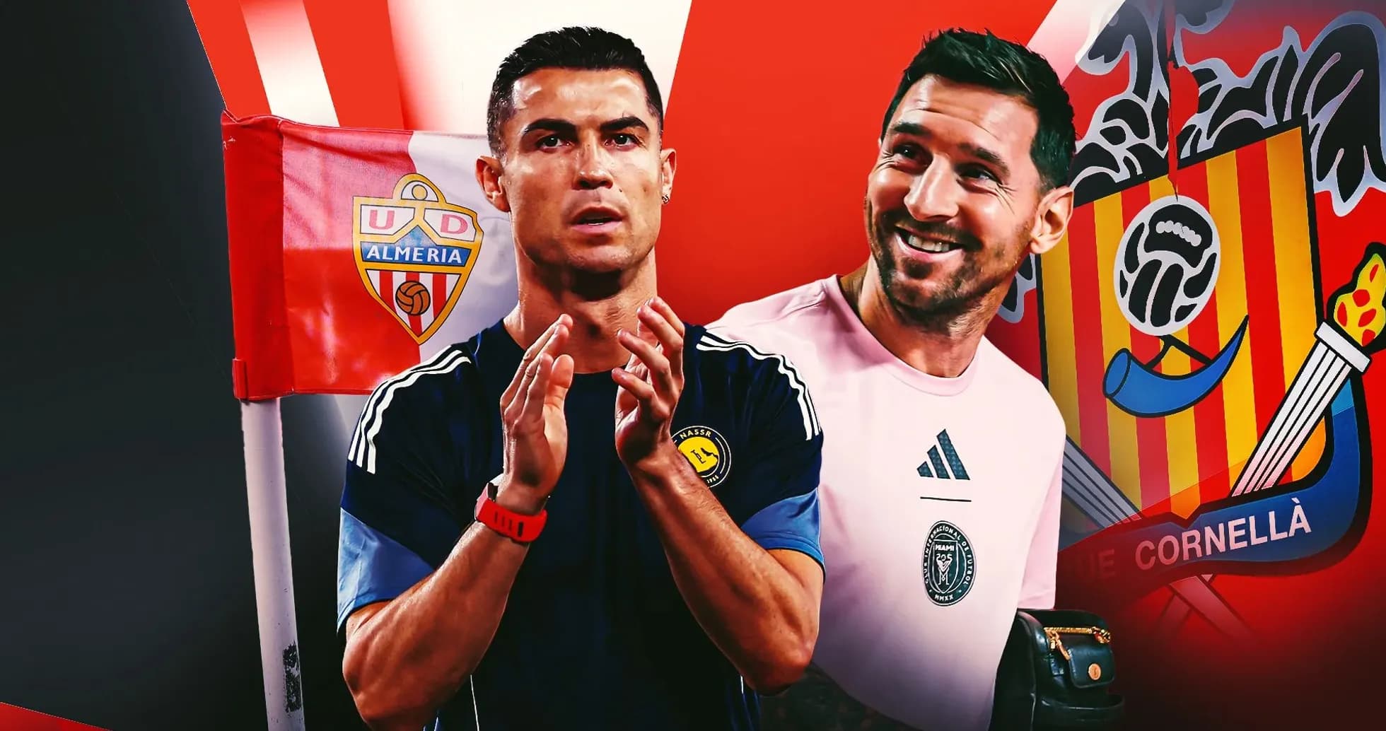 Cristiano Ronaldo and goalkeeper smiling with team logos Cristiano Ronaldo and goalkeeper smiling with team logos