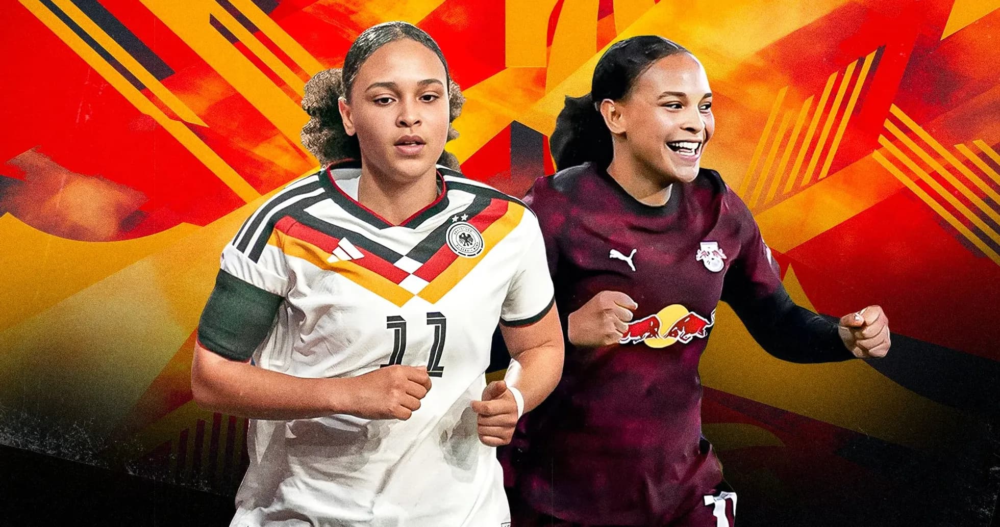 Two female soccer players in action poses Two female soccer players in action poses