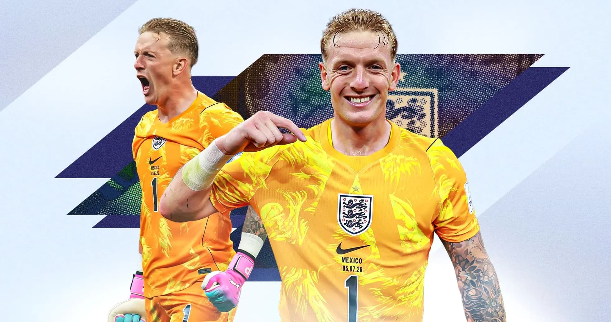 Goalkeeper celebrating in England's vibrant kit Goalkeeper celebrating in England's vibrant kit