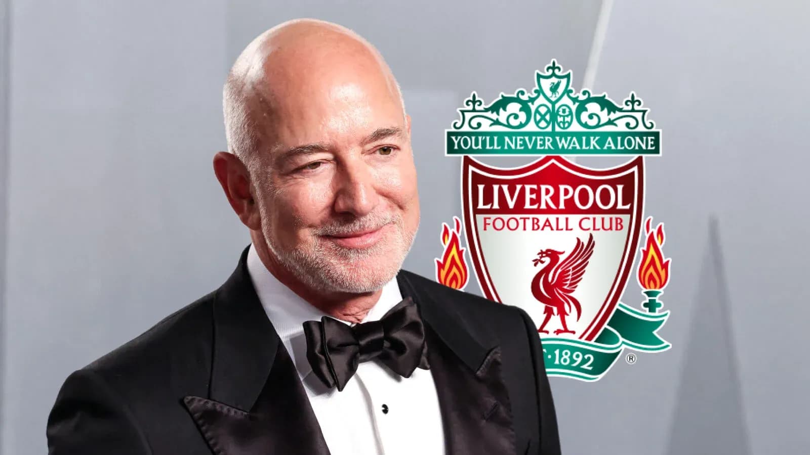 Man in tuxedo with Liverpool FC logo background Man in tuxedo with Liverpool FC logo background