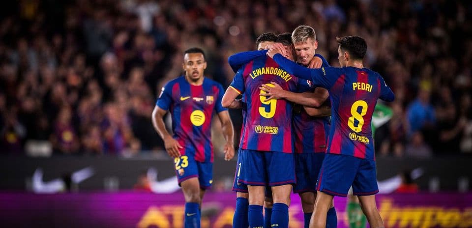 Barcelona players celebrating a goal during match Barcelona players celebrating a goal during match