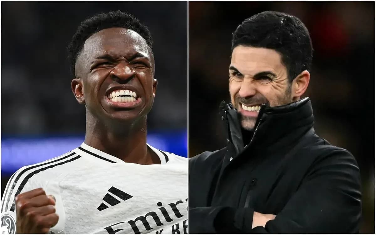 Vinicius Jr celebrating and Mikel Arteta reacting Vinicius Jr celebrating and Mikel Arteta reacting