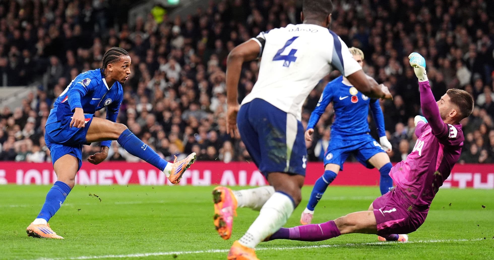 Chelsea player shooting at Tottenham goalkeeper Chelsea player shooting at Tottenham goalkeeper
