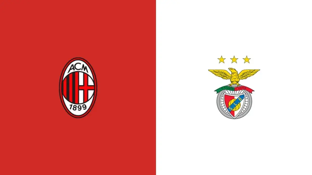 Logos of AC Milan and Benfica on contrasting backgrounds Logos of AC Milan and Benfica on contrasting backgrounds