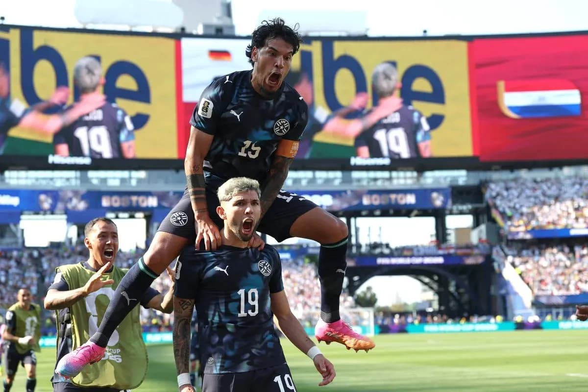 Paraguay players celebrating a goal during match Paraguay players celebrating a goal during match
