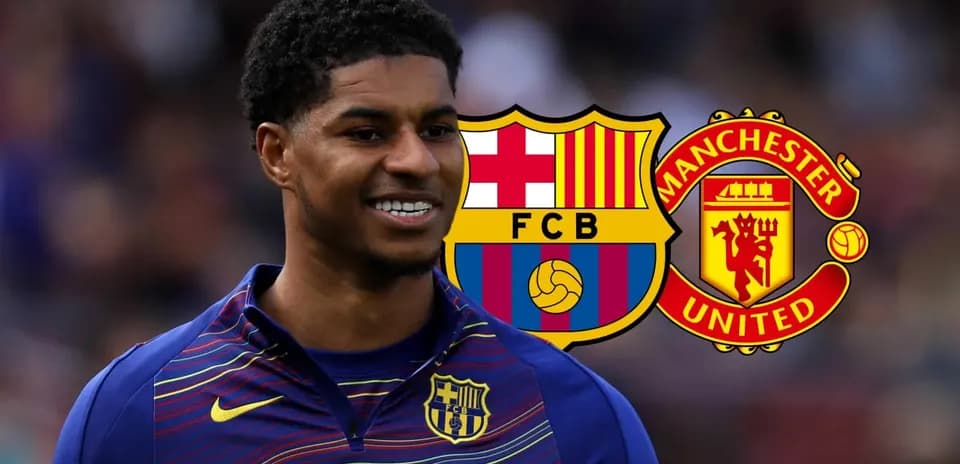 Player smiling with Barcelona and Manchester United logos Player smiling with Barcelona and Manchester United logos