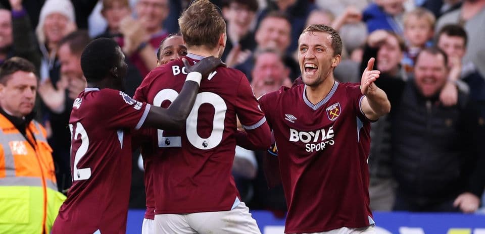 West Ham players celebrating a goal during match West Ham players celebrating a goal during match