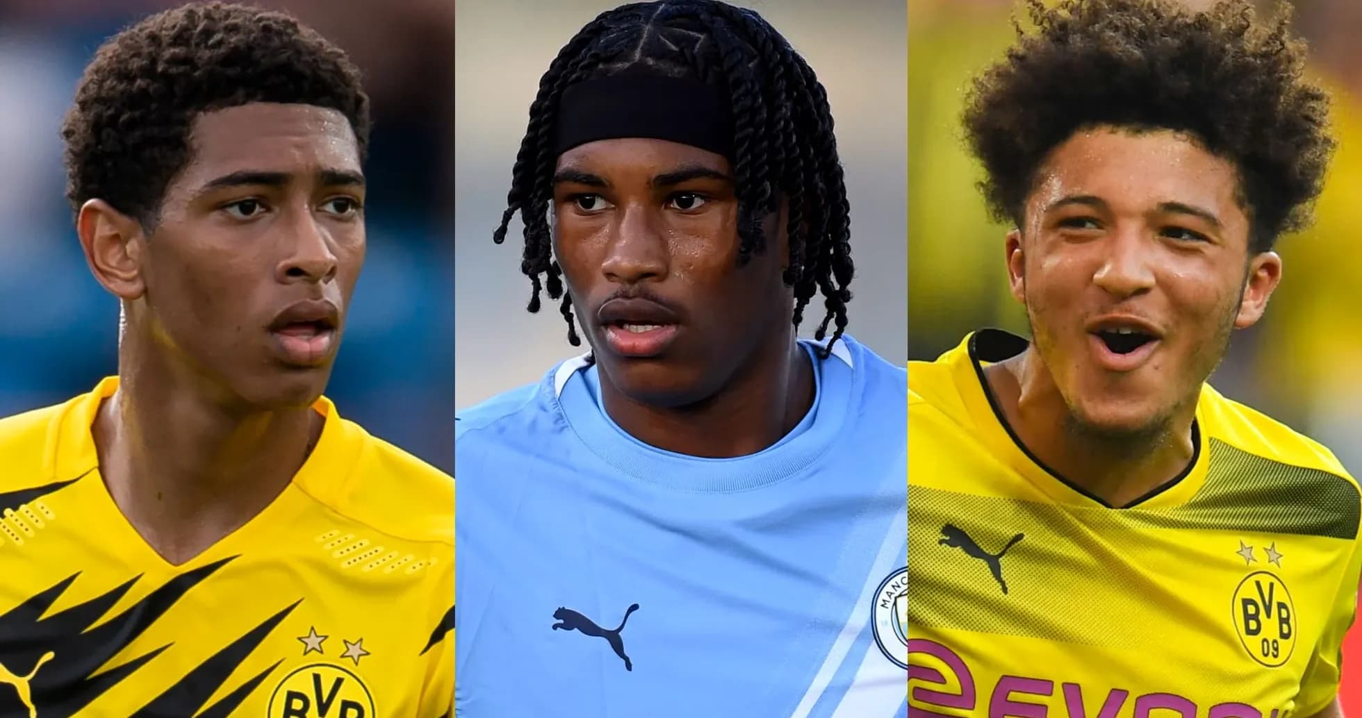 Three football players wearing team jerseys Three football players wearing team jerseys