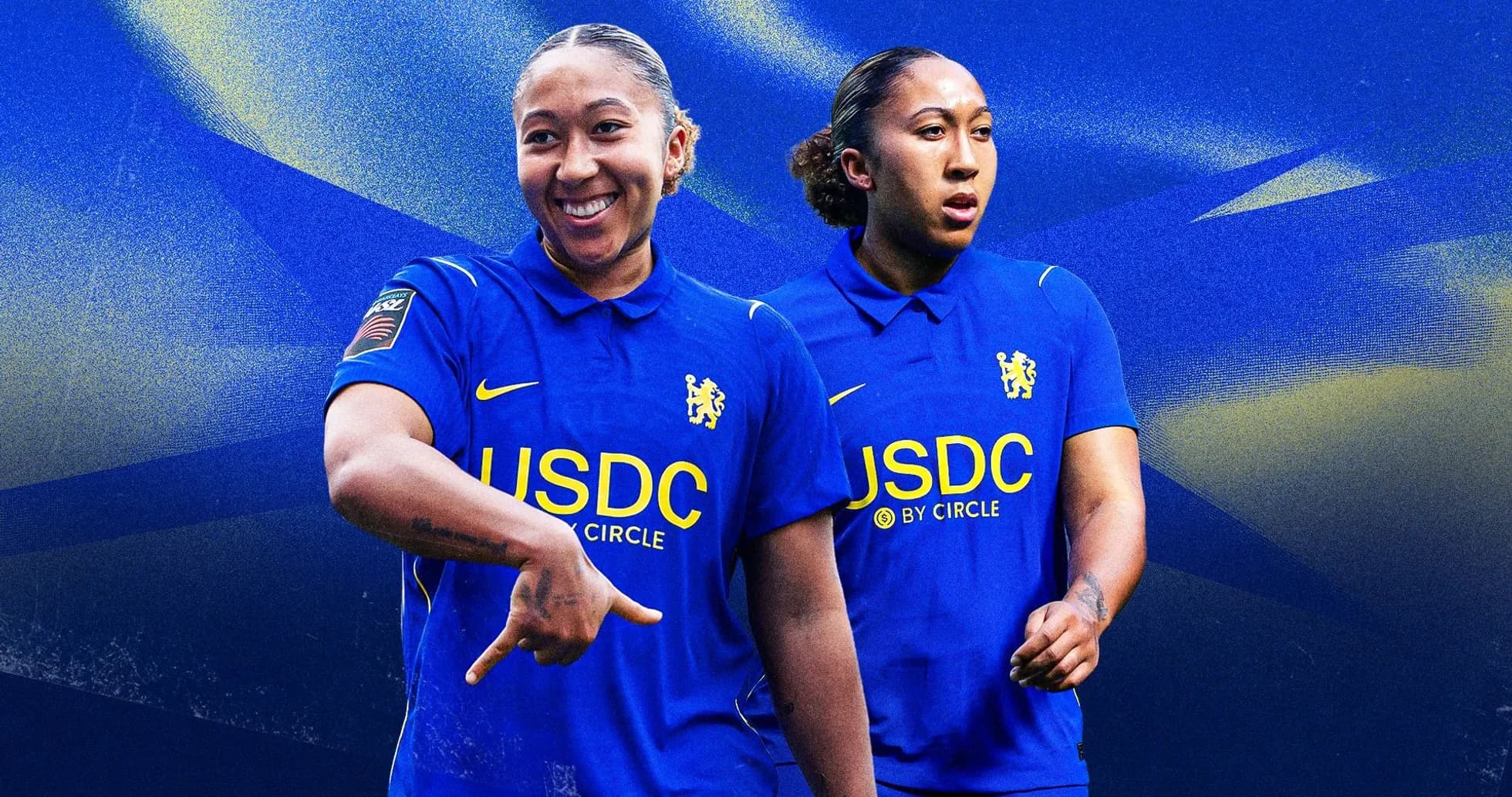 Player in Chelsea kit posing against blue background Player in Chelsea kit posing against blue background