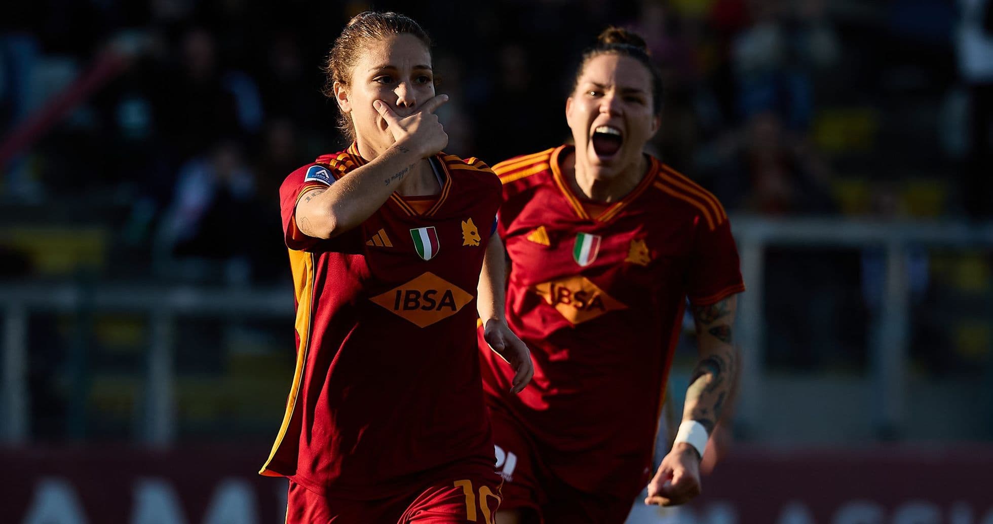 Roma W players celebrating a goal during match Roma W players celebrating a goal during match