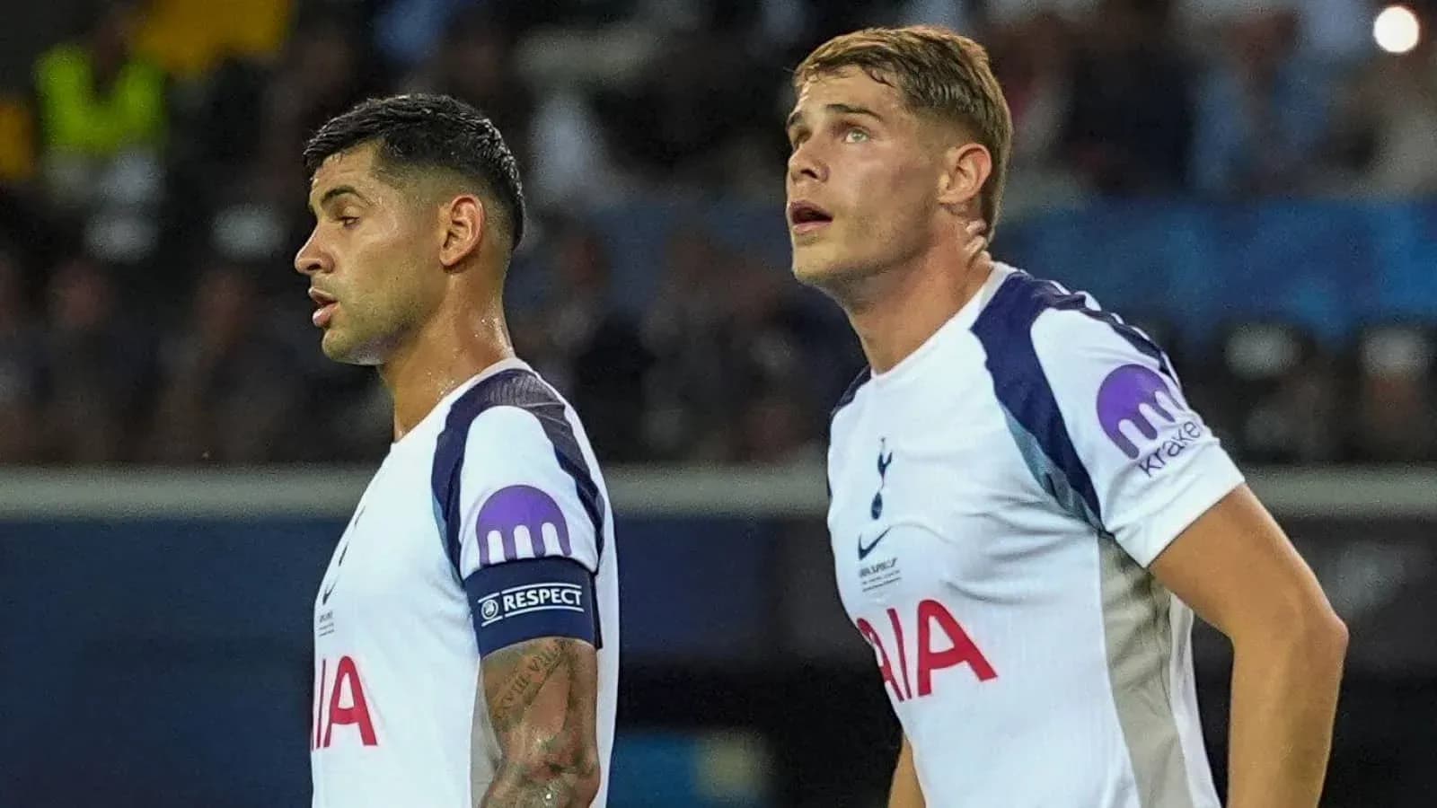 Two Tottenham players observing the game on field Two Tottenham players observing the game on field
