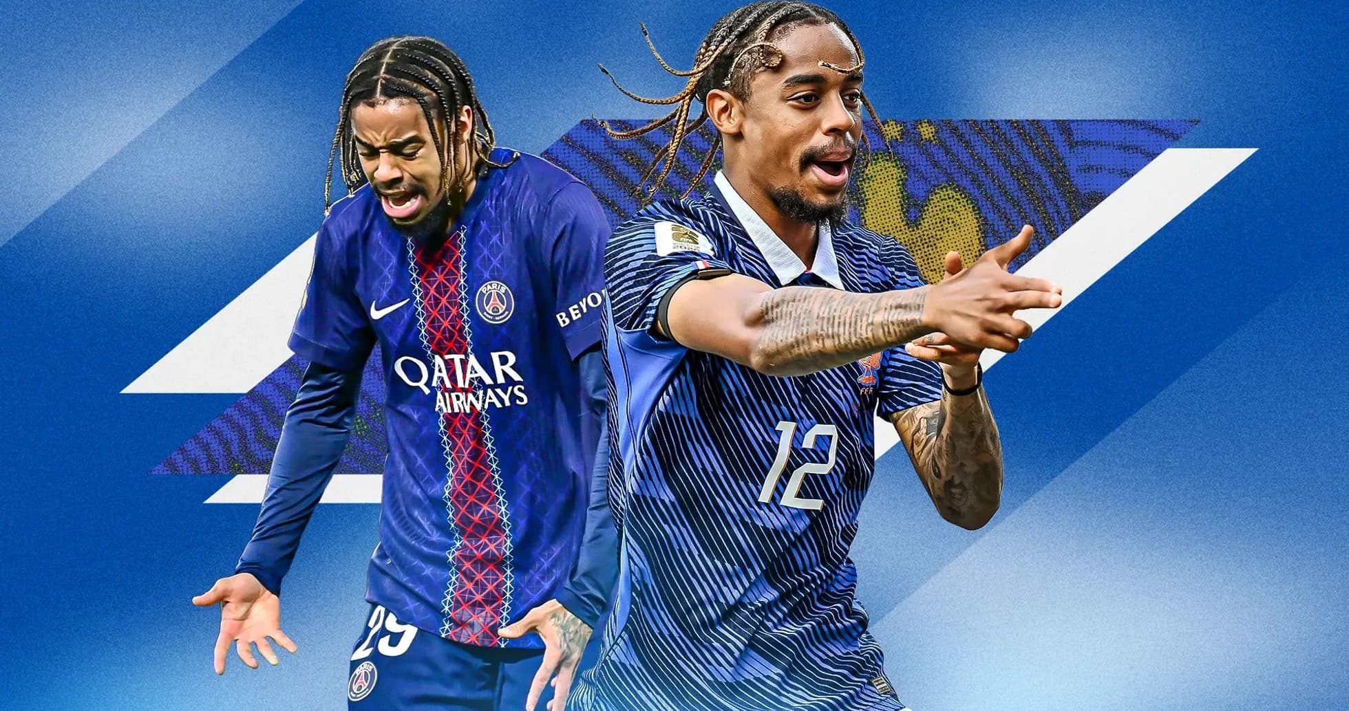 Two football players in contrasting jerseys celebrating Two football players in contrasting jerseys celebrating