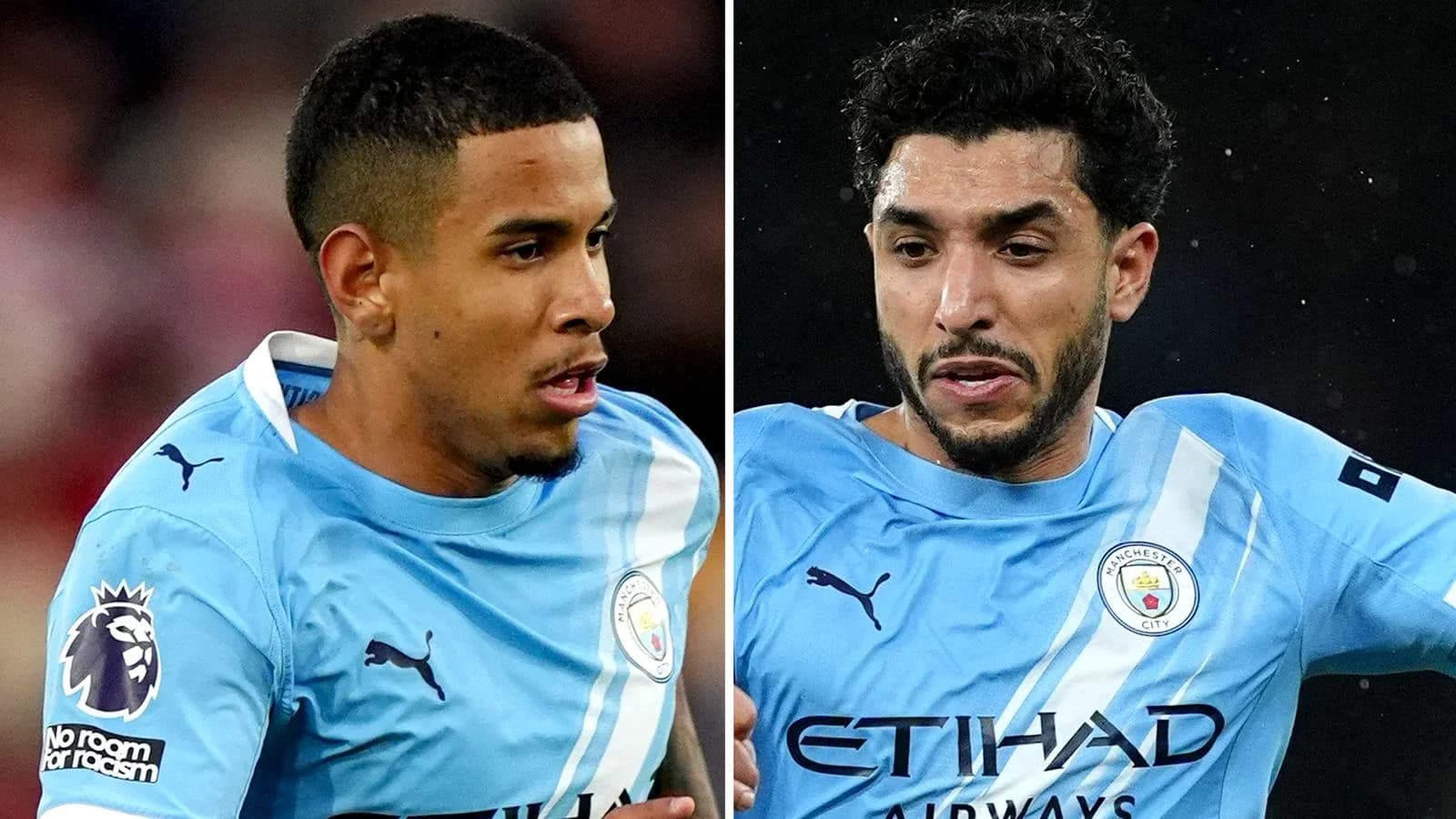 Two Manchester City players in blue kits during match Two Manchester City players in blue kits during match