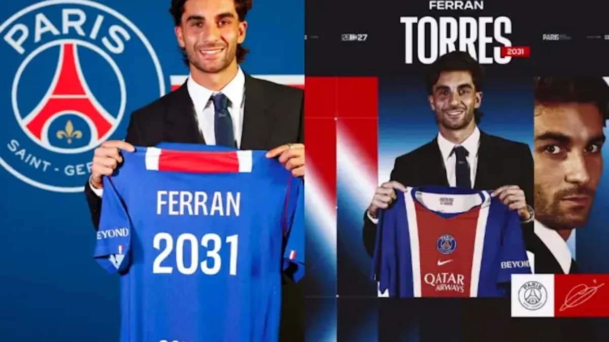 Ferran Torres holding PSG jersey during announcement event Ferran Torres holding PSG jersey during announcement event