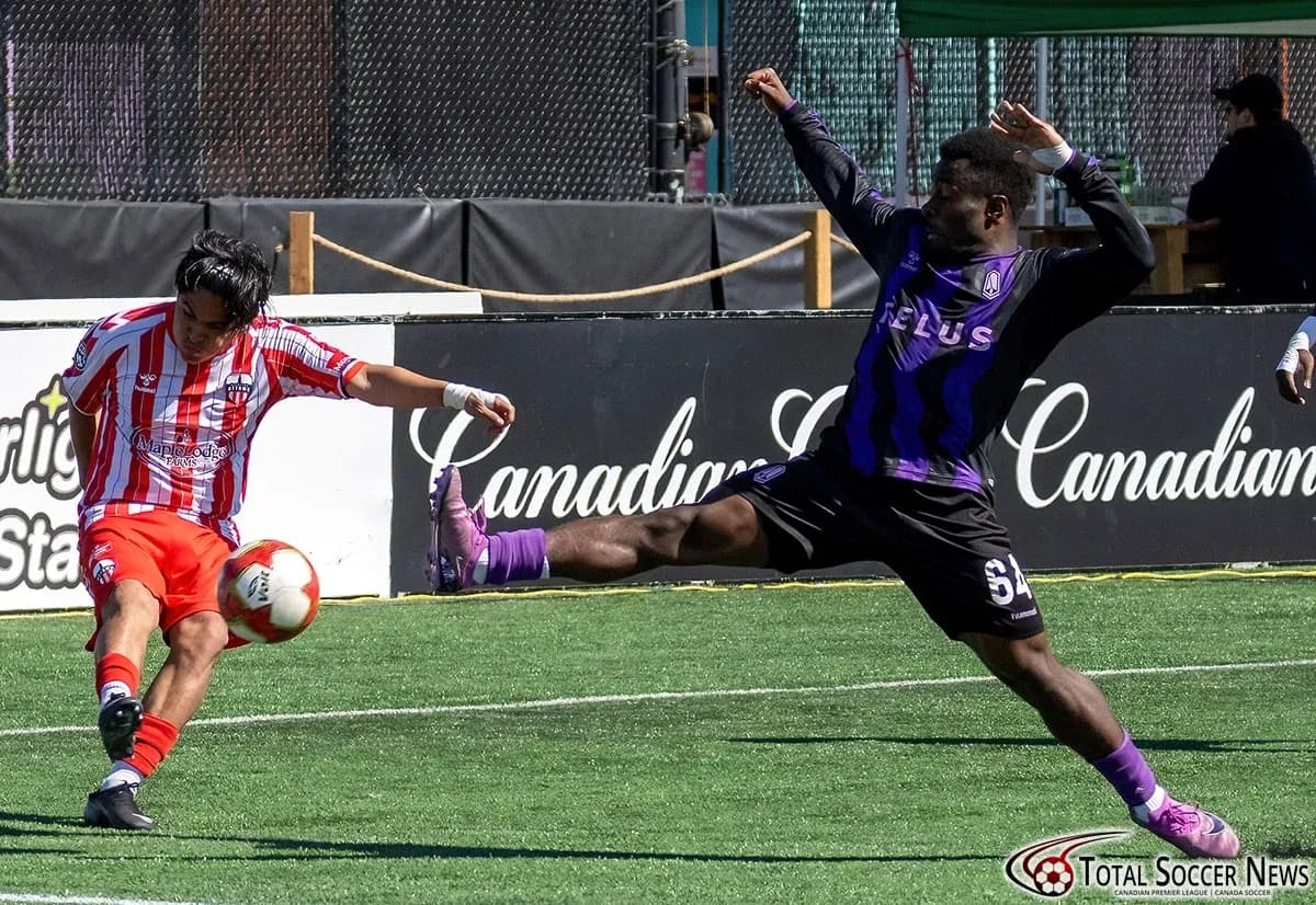 Player striking the ball during Atlético Ottawa match Player striking the ball during Atlético Ottawa match