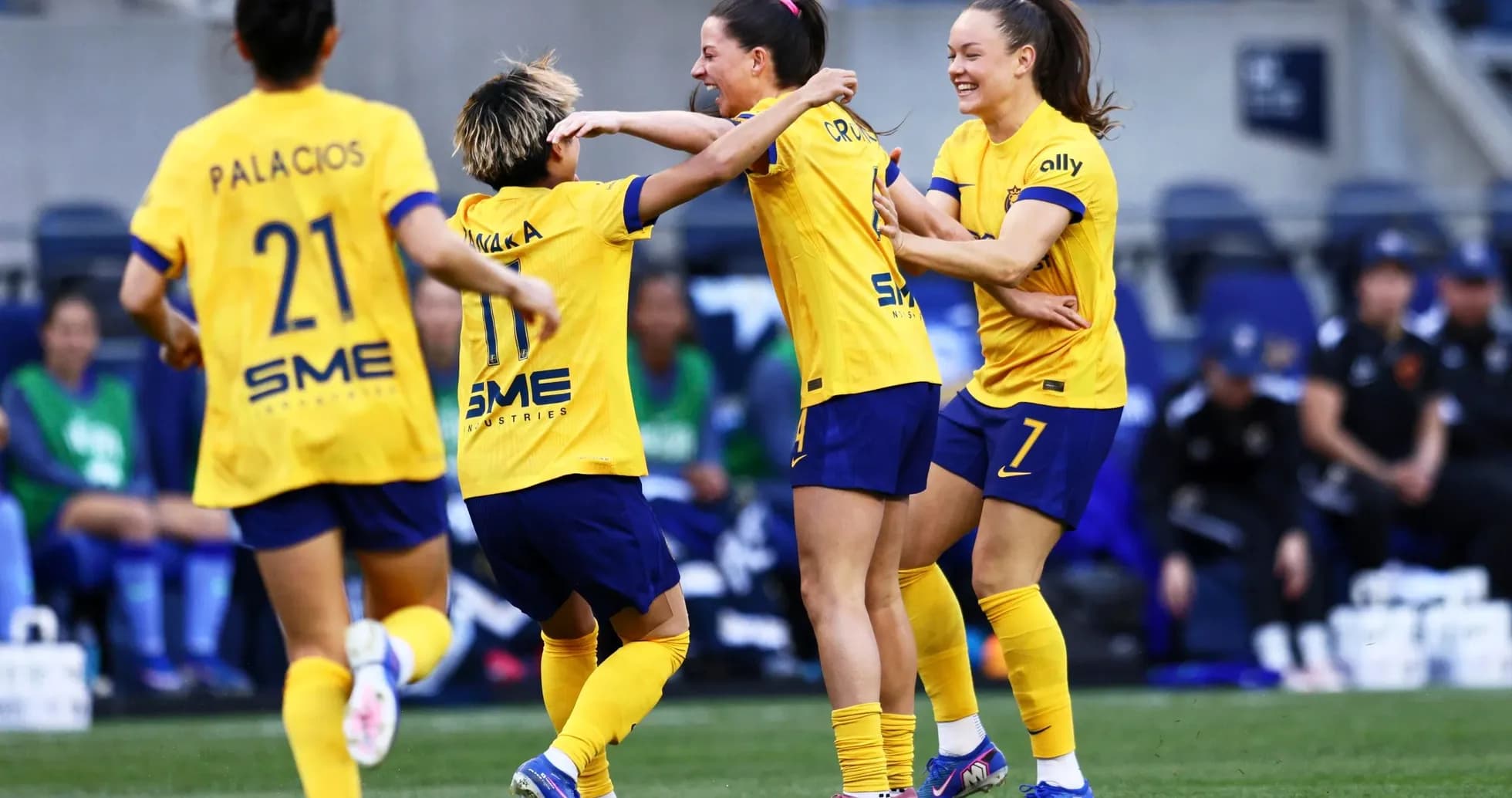 Players celebrating a goal during NWSL match Players celebrating a goal during NWSL match