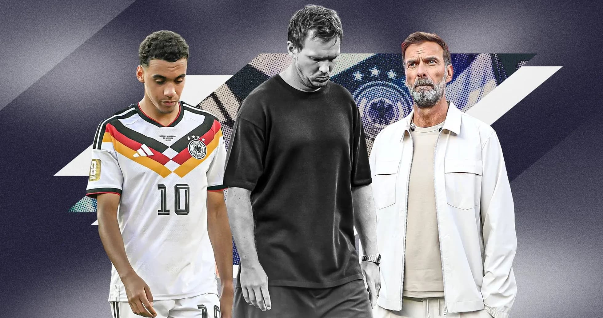 Three individuals in football-themed attire and background Three individuals in football-themed attire and background