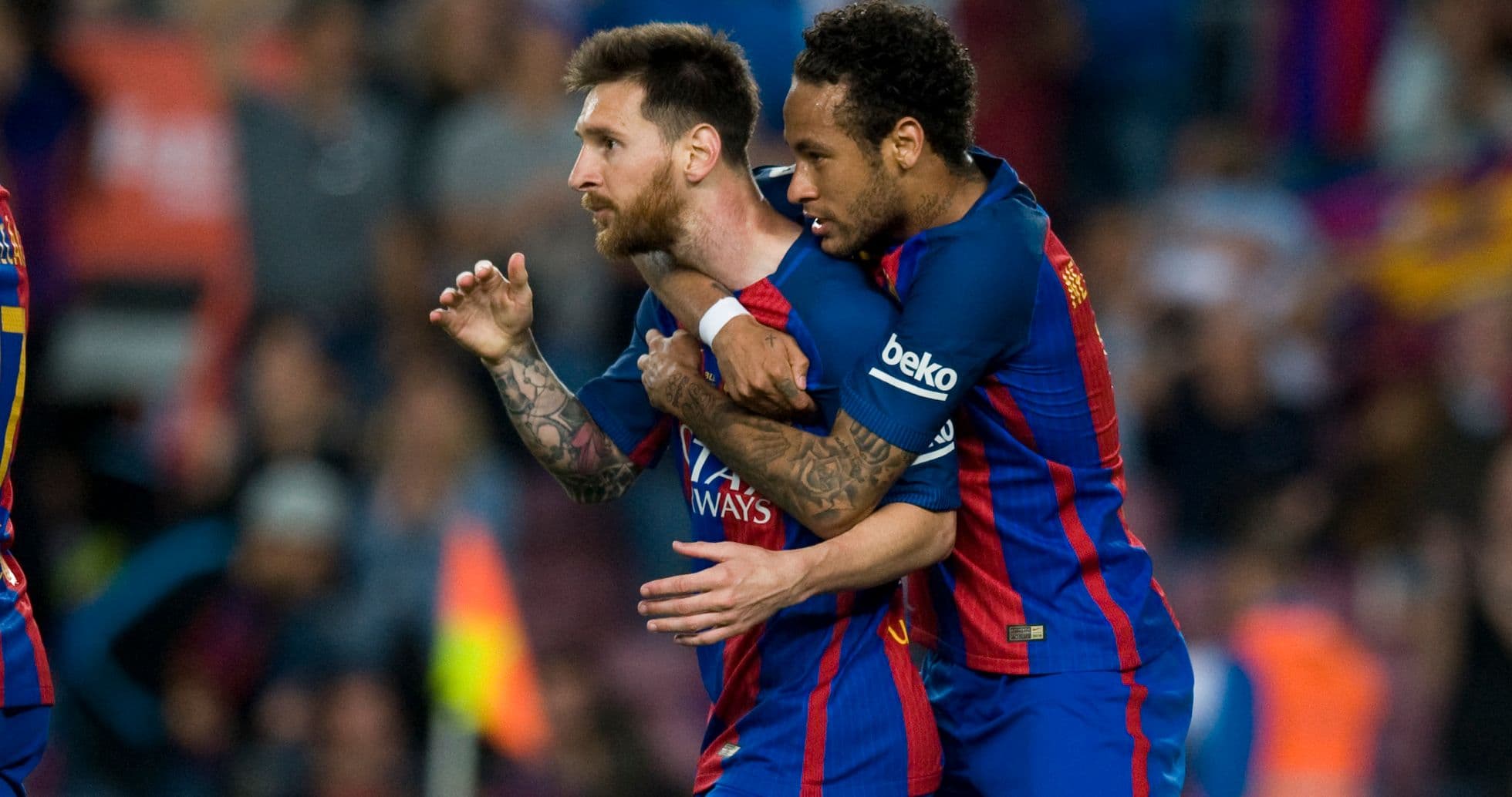 Lionel Messi celebrating with Neymar during match Lionel Messi celebrating with Neymar during match