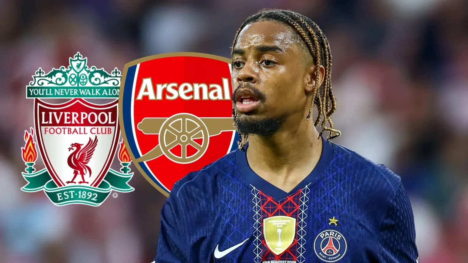 Player with PSG jersey, Liverpool and Arsenal logos behind Player with PSG jersey, Liverpool and Arsenal logos behind