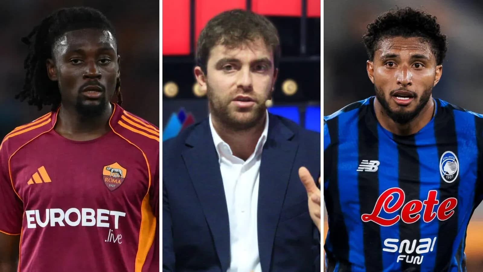 Three individuals: two football players and a commentator Three individuals: two football players and a commentator