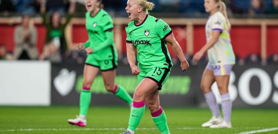 Player celebrating during Boston Legacy vs Orlando Pride match Player celebrating during Boston Legacy vs Orlando Pride match
