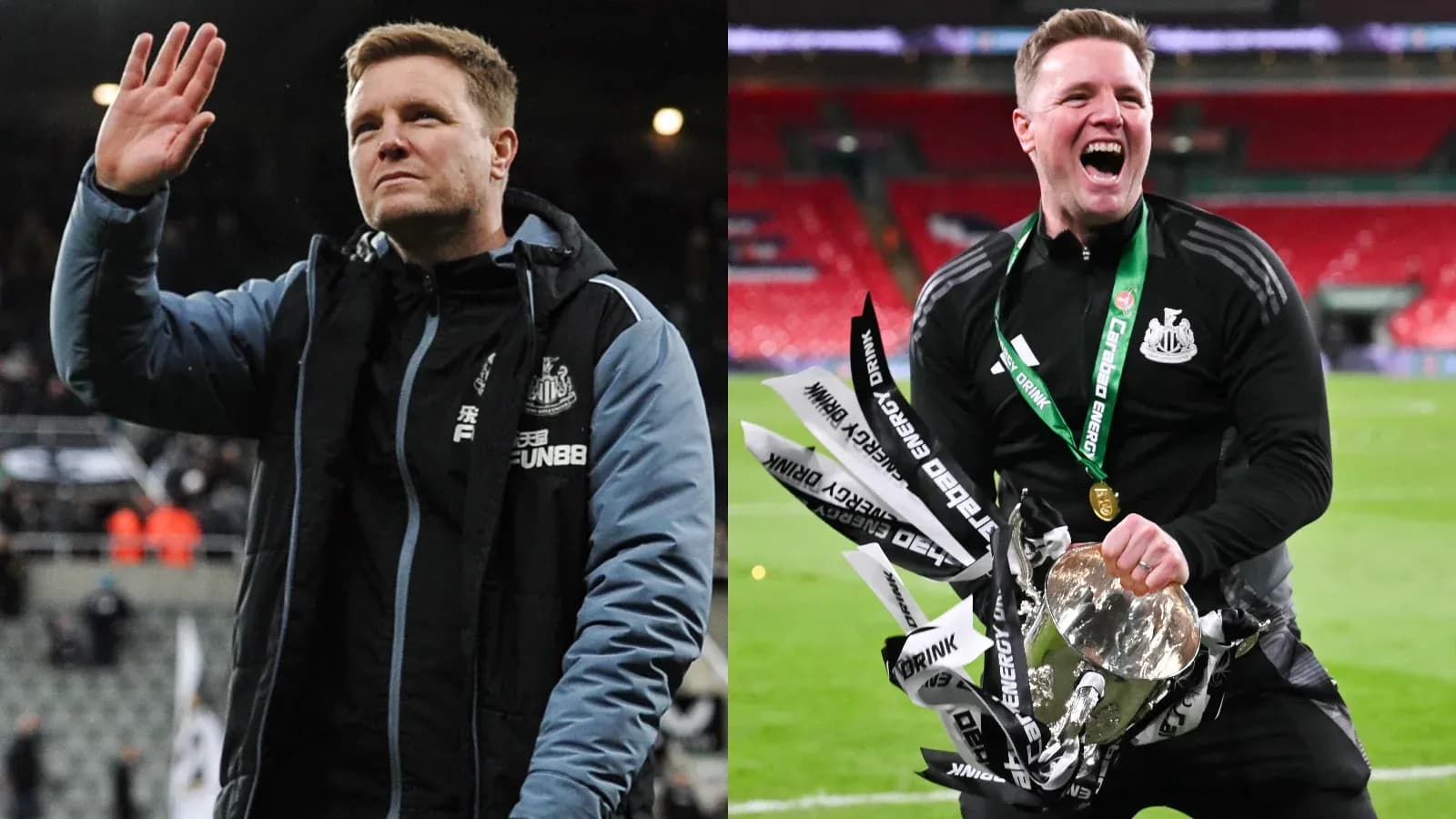 Newcastle United manager celebrating and waving Newcastle United manager celebrating and waving