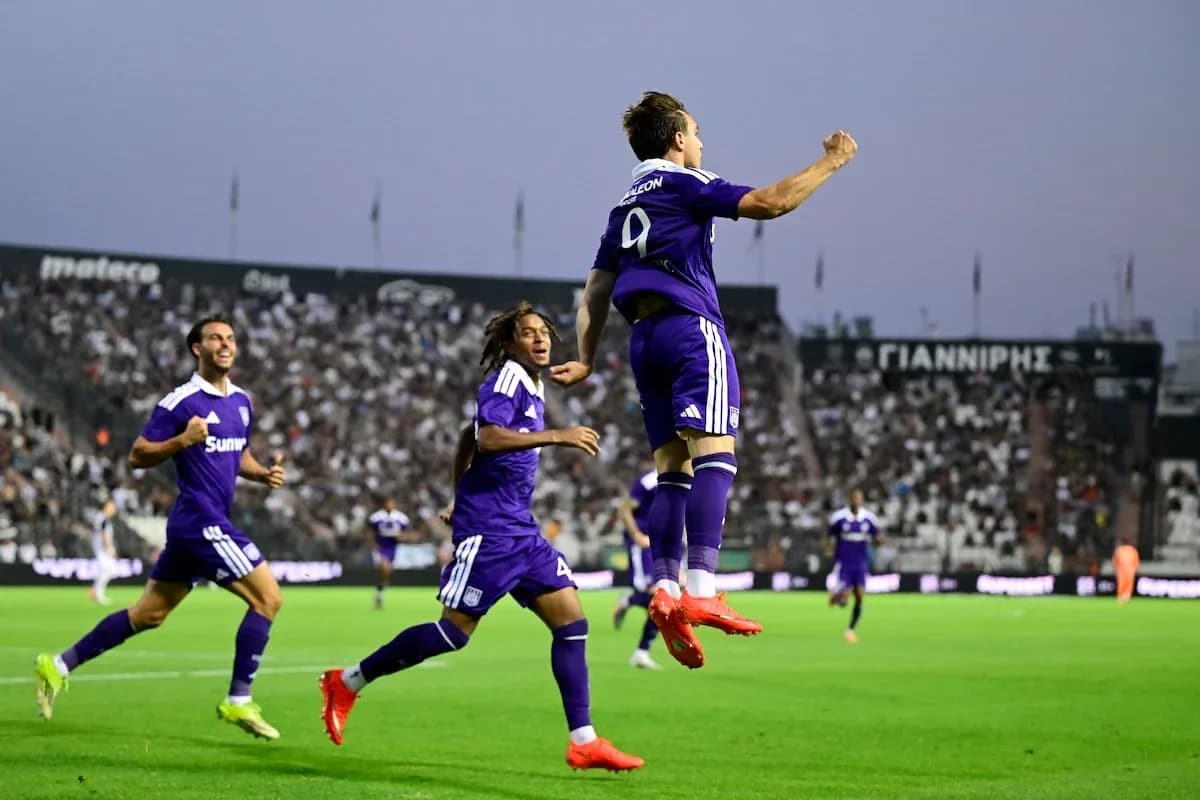 Anderlecht players celebrating a goal during match Anderlecht players celebrating a goal during match