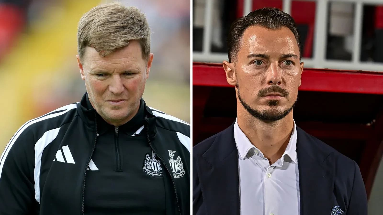 Two football managers during a match split image Two football managers during a match split image