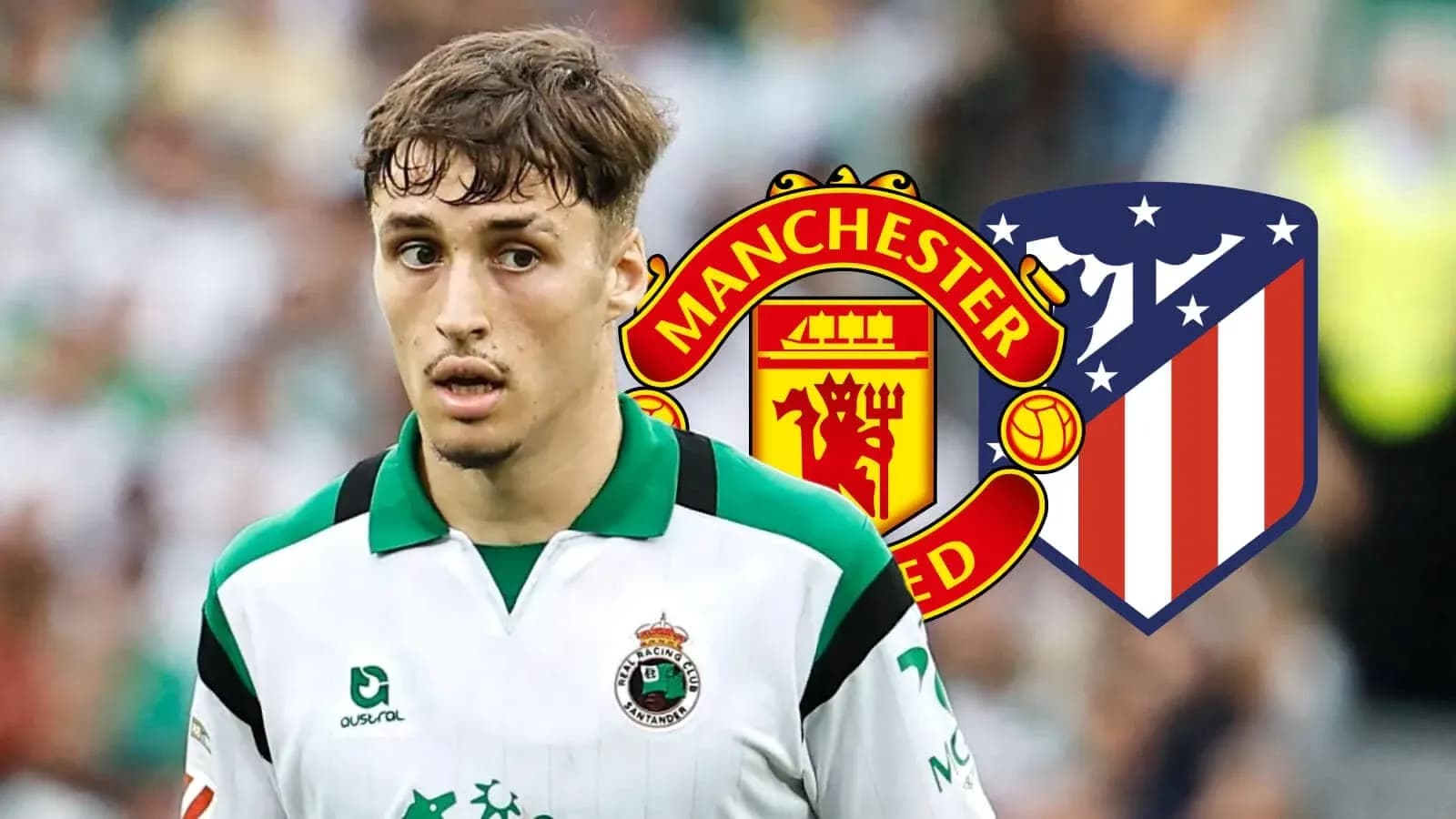 Player in action with Manchester United and Atletico Madrid logos Player in action with Manchester United and Atletico Madrid logos