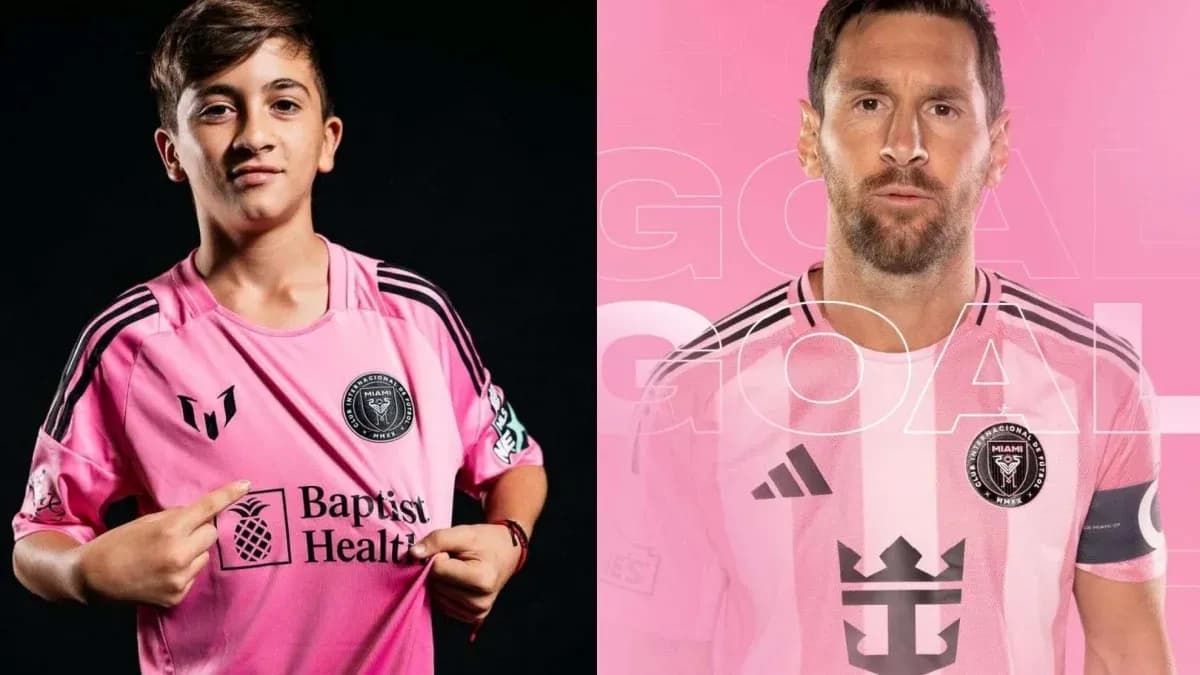 Young player and Lionel Messi in pink jerseys Young player and Lionel Messi in pink jerseys