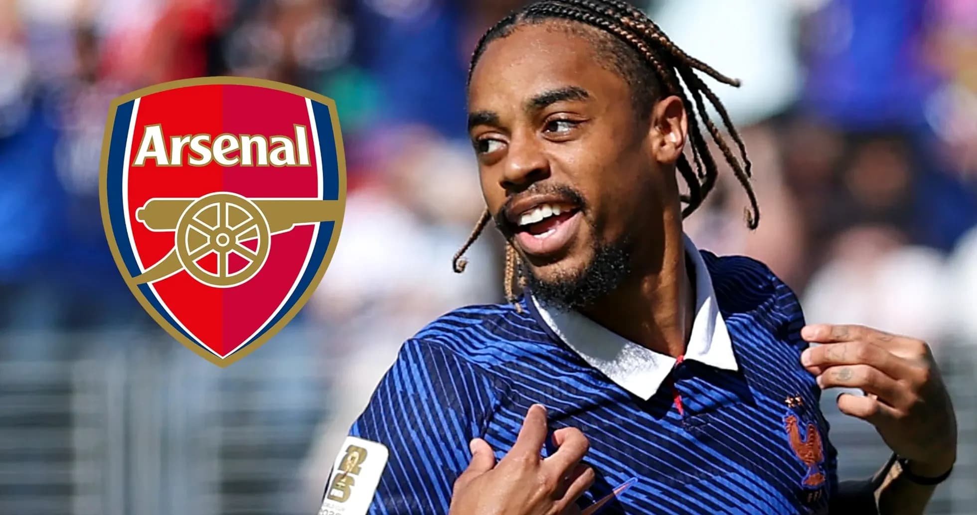 Player celebrating goal with Arsenal logo overlay Player celebrating goal with Arsenal logo overlay
