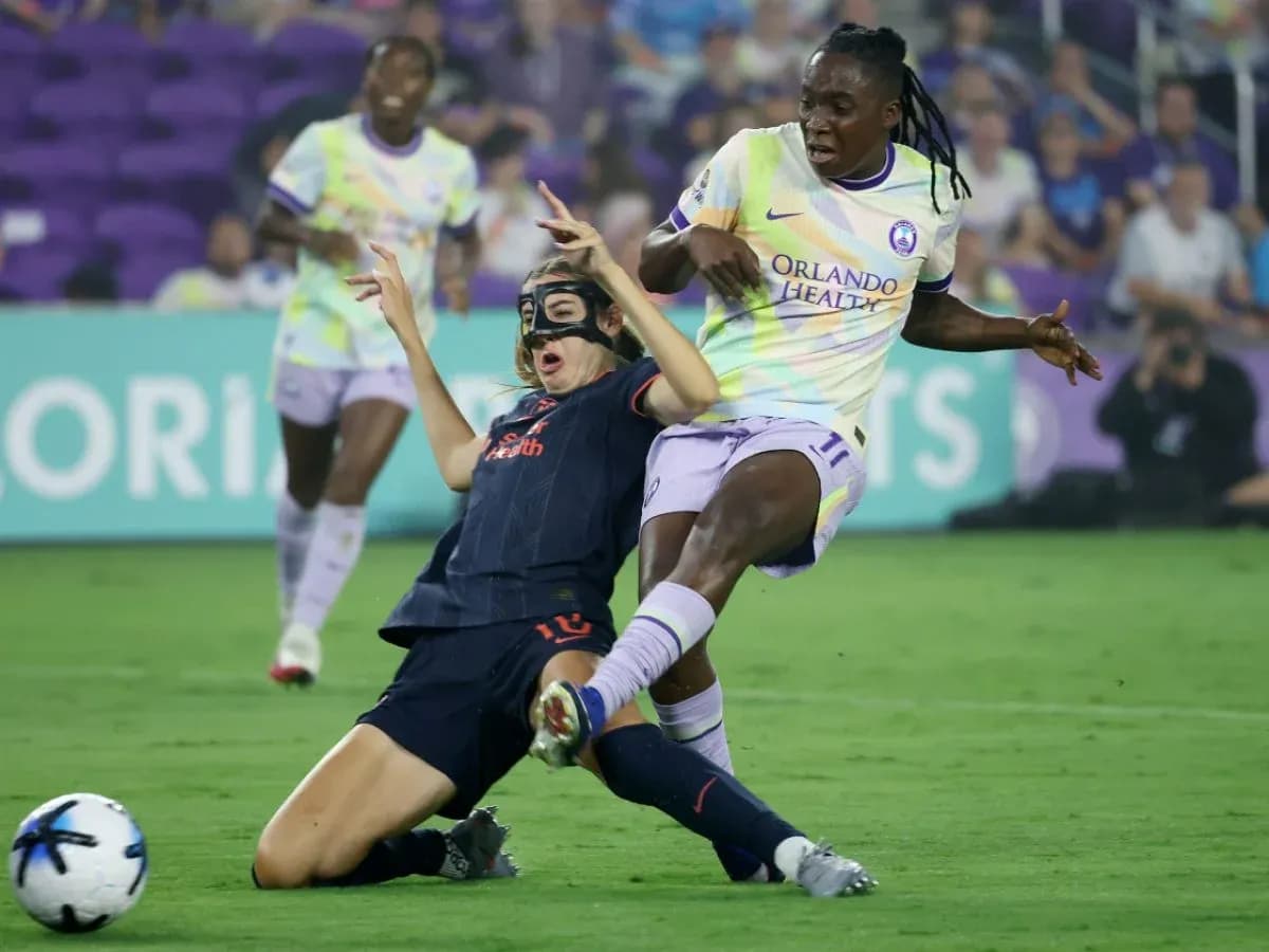 Orlando Pride player tackles Bay FC player Orlando Pride player tackles Bay FC player