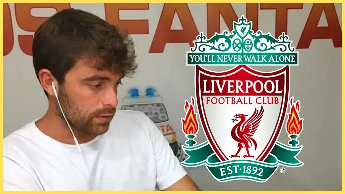 Person with headphones near Liverpool FC logo Person with headphones near Liverpool FC logo